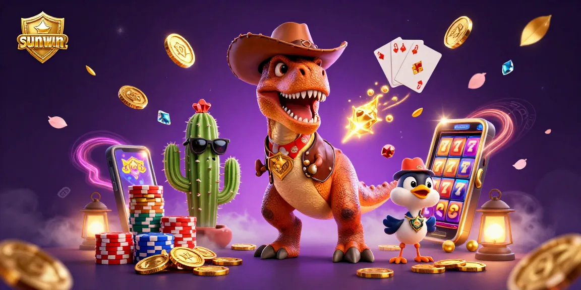 Spin and win at slots with sunwin. featuring T-Rex, cactus, and roadrunner in a vibrant casino scene.