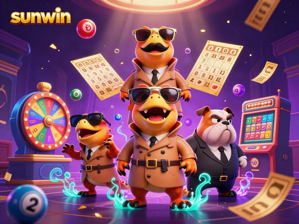 Raptors entering VIP casino lounge, showcasing sunwin excitement with lottery balls and money effects.