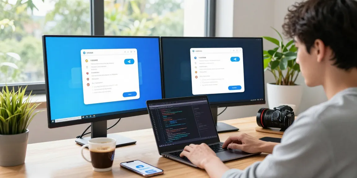 Telegram Chinese Version setup scene with user configuring language in a modern tech workspace.