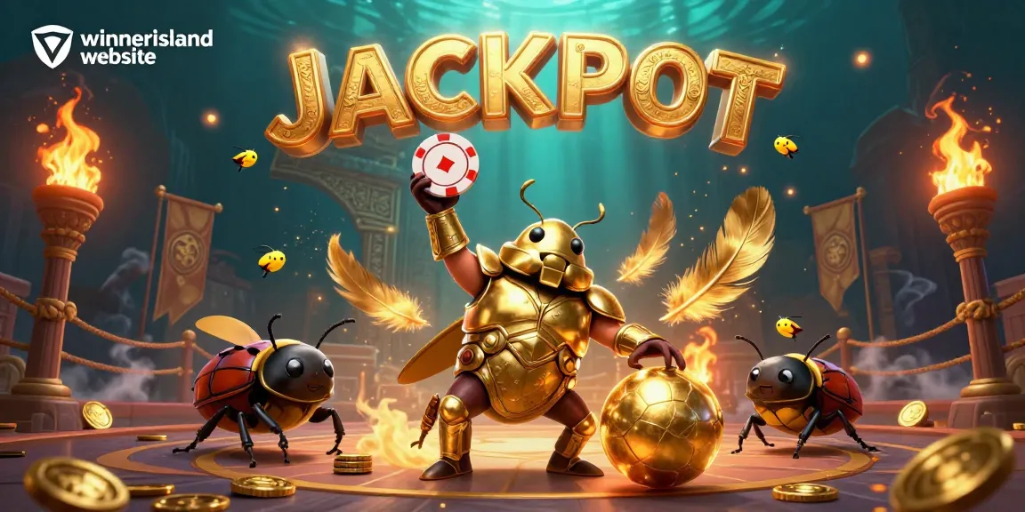 Win big at the winnerisland website with a dynamic jackpot scene featuring lucky characters and casino elements.