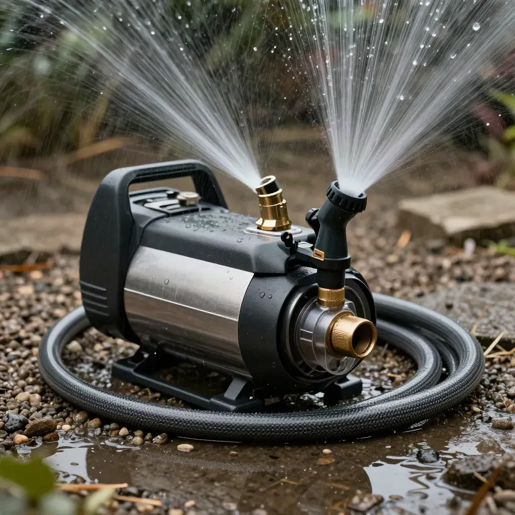 Compacte beregeningsset met pomp, slang, filter en sproeikop op natte grindsteen met waternevel.