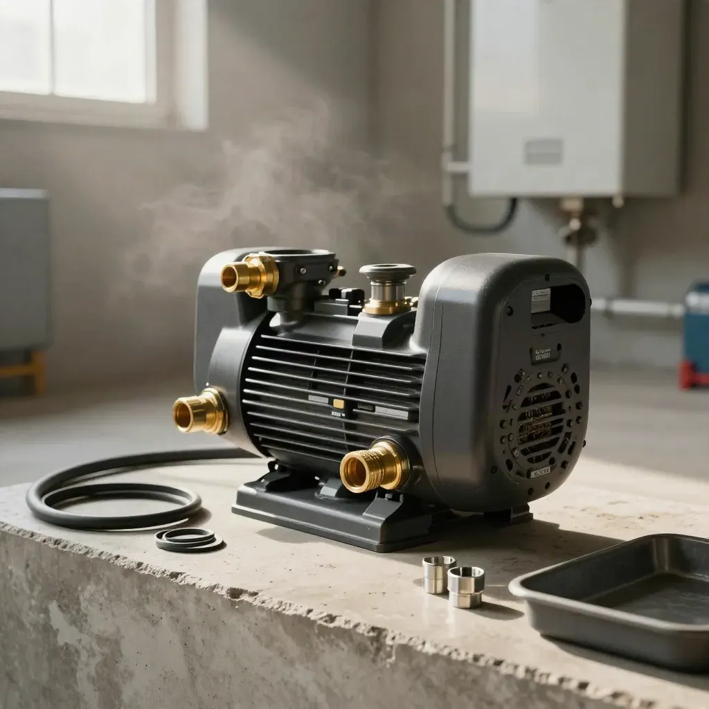 Circulatiepomp met messing koppelingen op cementplint in rustige werkplaats.