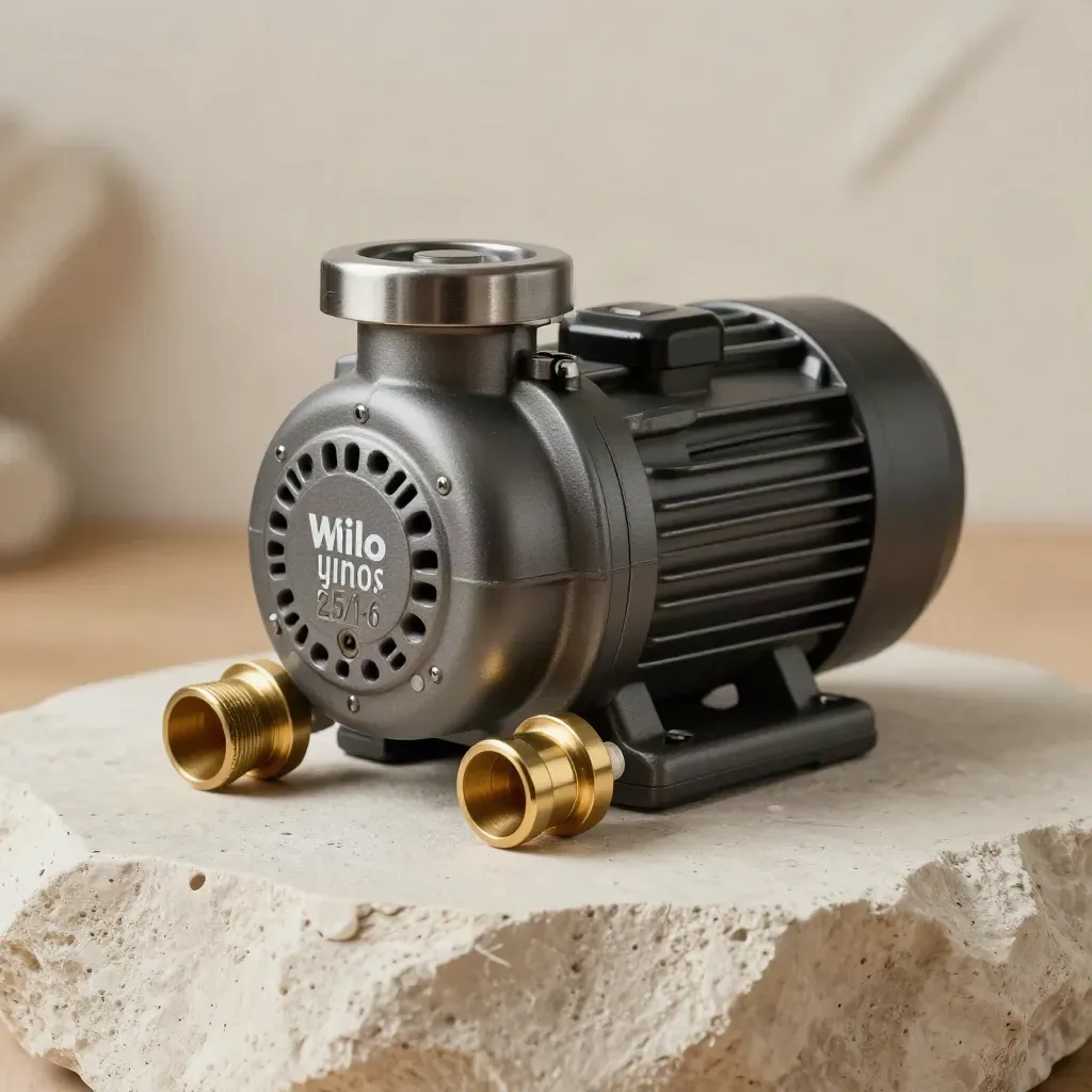 Compacte circulatiepomp op zachte pleistersteen met twee unions ernaast.