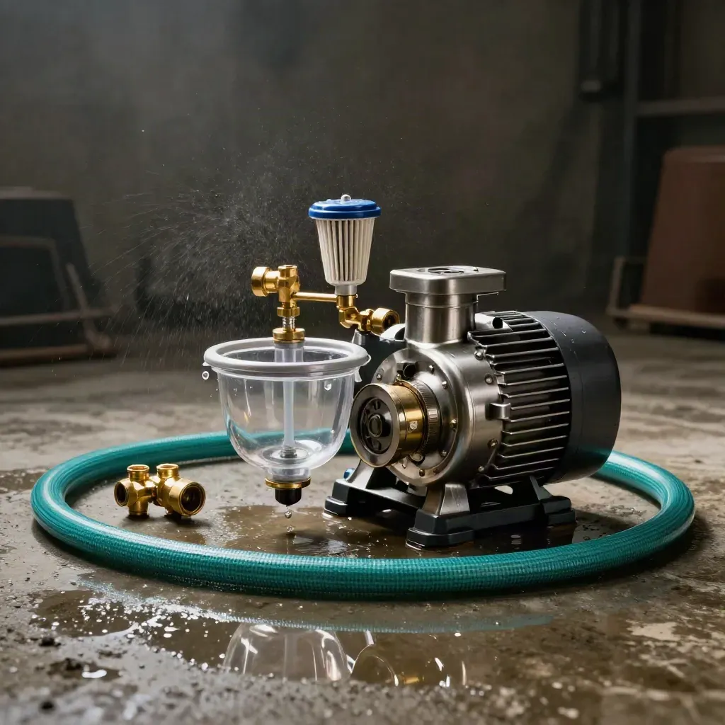 Pompset met pomp, filter, drukvat en slang in spray op nat beton