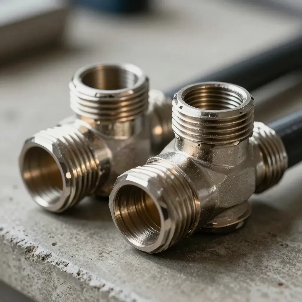 Twee slangkoppelingen met klemringen en rubber slanghuls op een betonnen werkvlak.