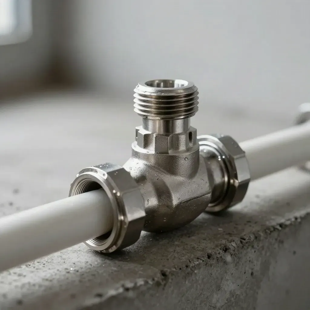 RVS terugslagklep met witte leiding op beton, in close-up met zachte lichtval.