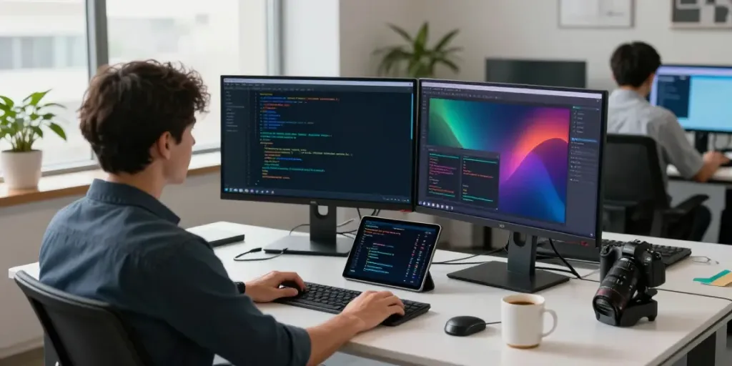 Professional workspace depicting AI prompt tracking with screens showing analytics and code.