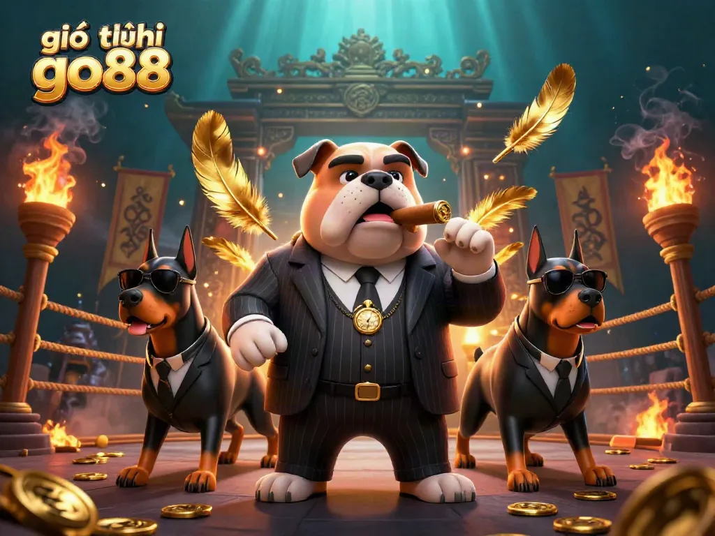 Experience giới thiệu go88 with a captivating 3D scene of a mafia-themed casino boss and his bodyguards amidst dazzling game elements.