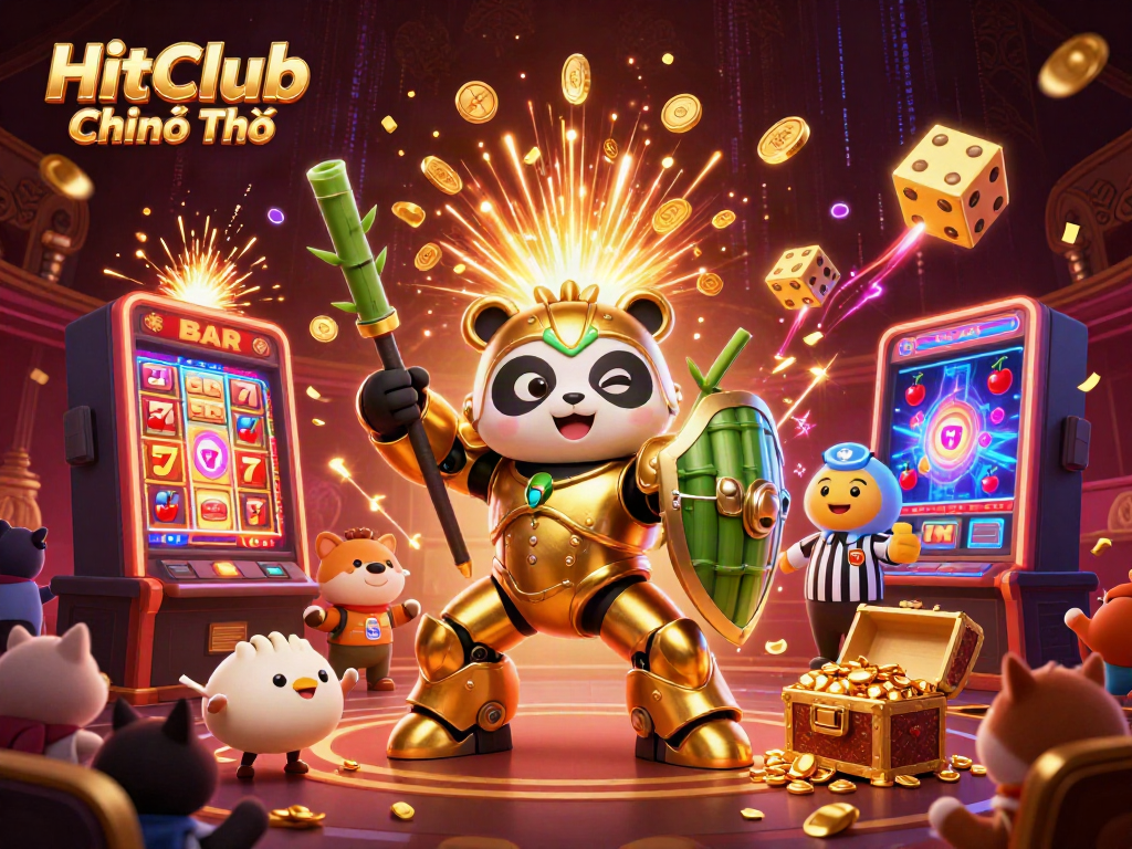 HitClub Chính Thức showcases a vibrant 3D casino scene with a golden panda character, thrilling game elements, and dynamic action.