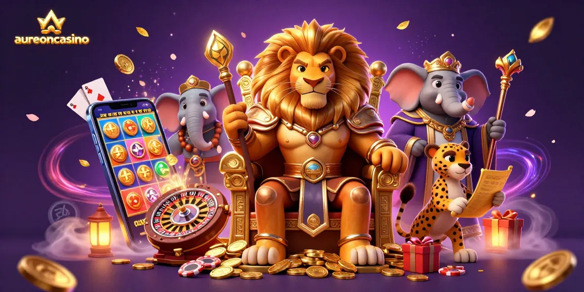 Aureoncasino offers immersive entertainment with a lion king and game elements in a vibrant casino scene.